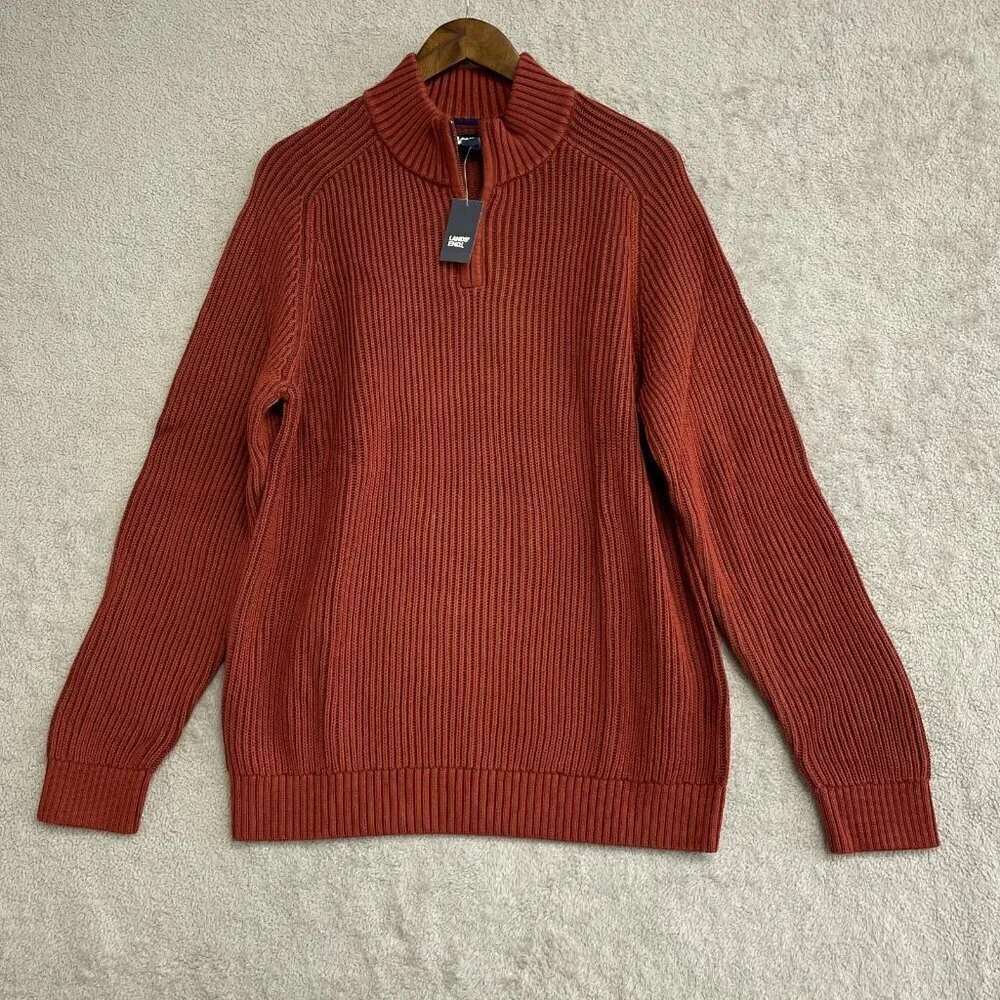 NEW Lands' End Drifter Men's L 1/4 Zip Ribbed Sweater Rust Red 100% Cotton